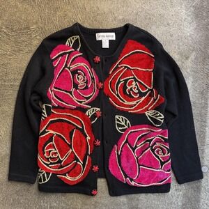 Rose Cardigan Sweater Victoria Harbour Womens‎ Medium Black Red Embroidered